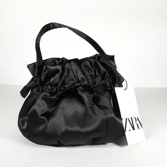 ZARA SATIN EFFECT MINI BUCKET BAG IN BLACK W/ CROSSBODY CHAIN STRAP NEW WITH TAG - Picture 2 of 10
